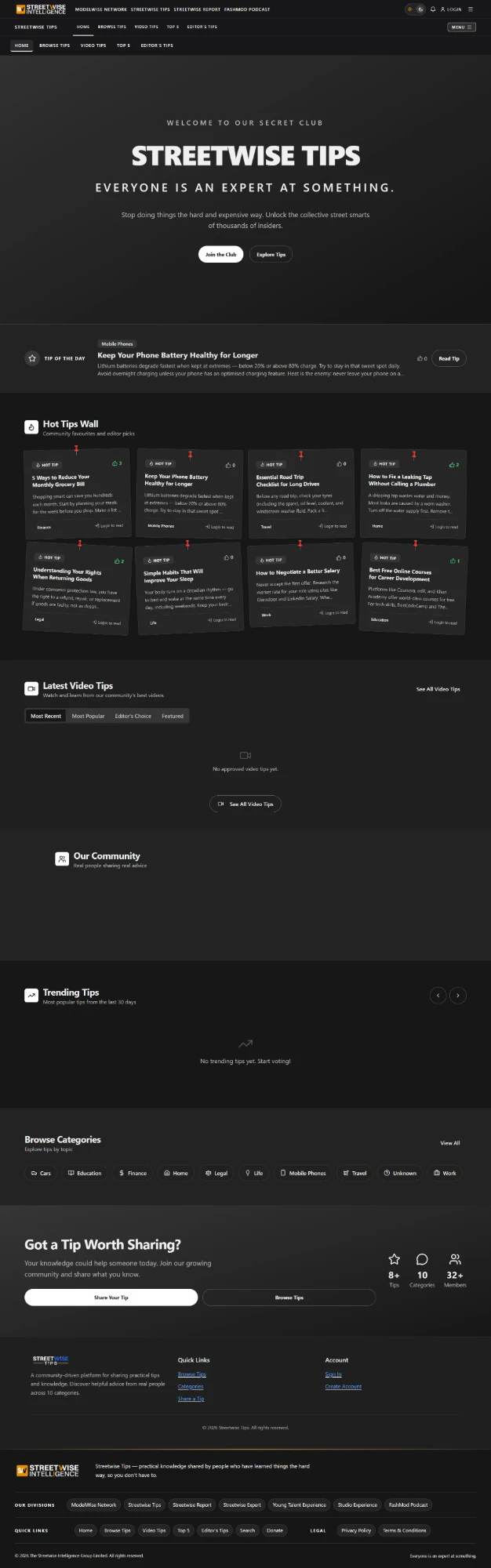 Full homepage of the Streetwise Tips community